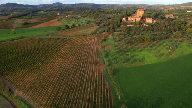 Italy, romantic Tuscany scenery with typical cypresses road  .famous region Val d'Orcia. aerial drone video over sunset
