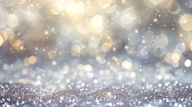 An abstract, defocused background in a shimmering silver, with sparkling platinum bokeh lights, evoking the glamorous sparkle of a star-studded gala.