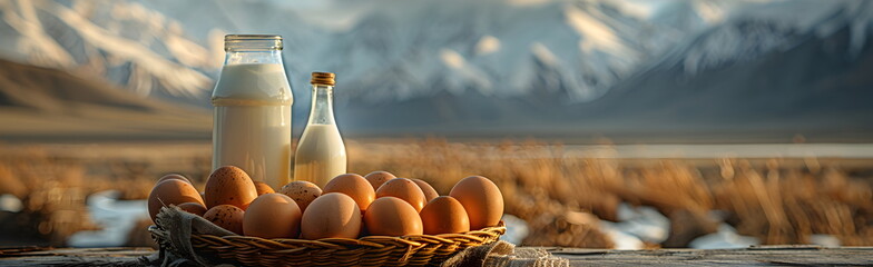 Natural farm products, milk and eggs. Dairy farm banner, copy space for text.