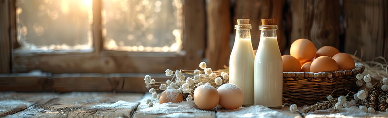 Natural farm products, milk and eggs. Dairy farm banner, copy space for text. - obrazy, fototapety, plakaty