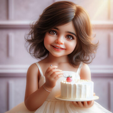 Indian little girl enjoys the holiday on the background of a cake with candles. Birthday