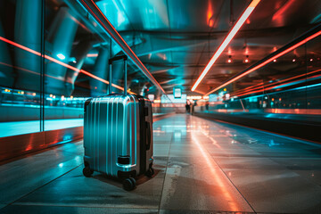 A rolling suitcase iluminated in the airport, blue and red cinematic lights
