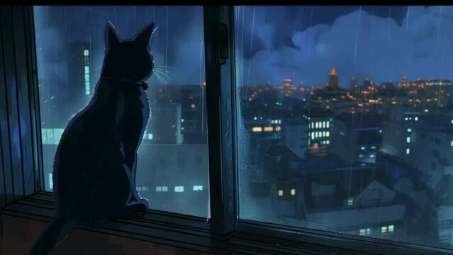 A cat sitting on the window looking at the rain falling in the city at night, in the style of anime loop animation. 4k animation video.