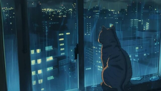 A cat sitting on the window looking at the rain in the city at night, in the style of anime loop animation. 4k animation video.