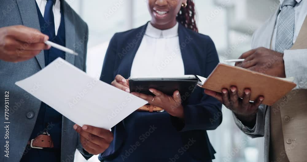 Poster business people, meeting and hands with paperwork and tablet for notes, planning and collaboration w