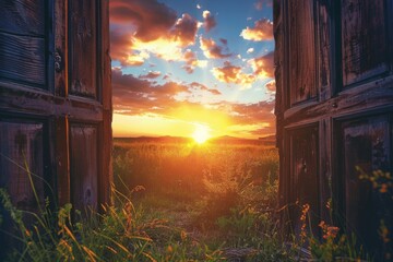Open doors reveal a radiant sunrise over a serene meadow, symbolizing new beginnings