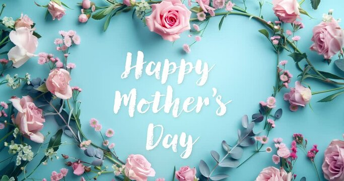happy mother day design, animated type, hand written letters, heart shaped pink flowers with light blue background