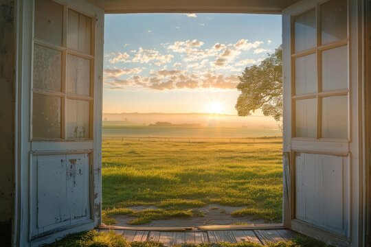 Open doors reveal a radiant sunrise over a serene meadow, symbolizing new beginnings