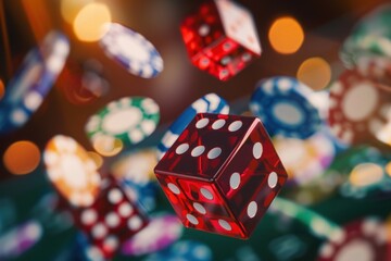 Red dice colorful poker chips and a bokeh of golden lights, a casino background - obrazy, fototapety, plakaty