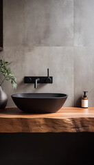 Black vessel sink and faucet on wooden countertop with plant and soap bottle in modern bathroom interior