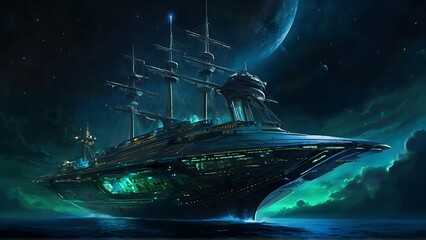 A dazzlingly shimmering starship brig, its every detail radiates with bioluminescent beauty intricate patterns of glowing blues and greens flicker against a dark cosmic backdrop. This vivid image is a