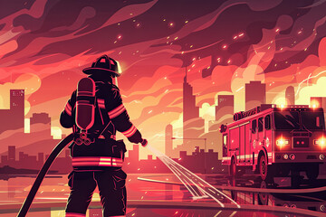 Illustration of a firefighter in gear holding a hose with water jet, a fire truck in the background, set against a stylized city on fire with a dramatic red and orange sky - obrazy, fototapety, plakaty