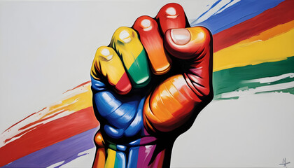 Rainbow colored hand with a fist raised up. LGBT concept, gay pride, love. Colorful 3D illustration, lgbt flag colors for cloth print, logo