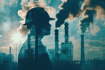 Silhouette of a worker with a safety helmet is superimposed on an image of industrial smokestacks emitting smoke - obrazy, fototapety, plakaty