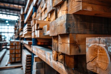 Obraz premium Stacked wooden beams in the warehouse
