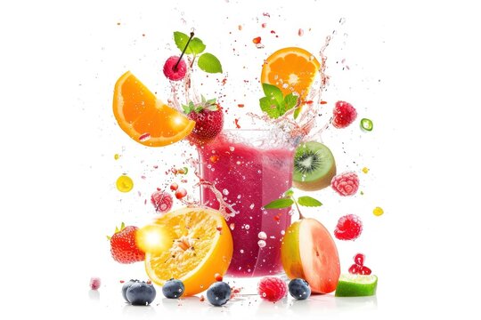 Smoothie drink with fruit flying ingredients, isolated on white background