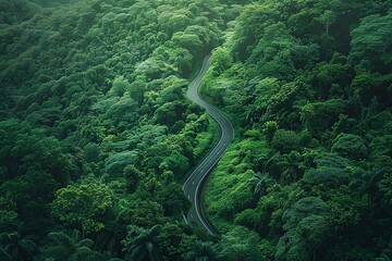A stunning aerial view capturing the graceful curves of a scenic road amidst a verdant rainforest landscape.