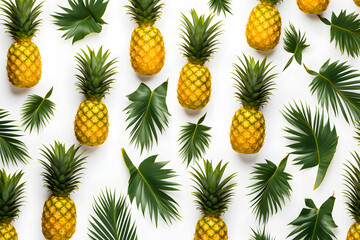 Fototapeta premium Elevate your design projects with a captivating pineapple and leaf pattern, showcased in a top view arrangement on a pristine Generative AI,