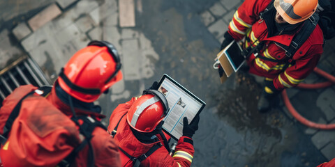 Firefighters in red protective gear reviewing a digital tablet during a safety inspection or emergency intervention