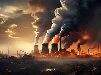 Coal-fired power plants emit carbon dioxide into the atmosphere against a grim backdrop.