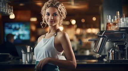 Capturing the essence of coffee culture, a radiant blonde girl orchestrates the counter, embodying business success with a delightful smile. - obrazy, fototapety, plakaty