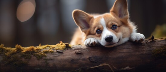 A corgi puppy, a member of the sporting group, is resting on a log in the woods. This carnivorous terrestrial companion dog has whiskers and a tail - obrazy, fototapety, plakaty