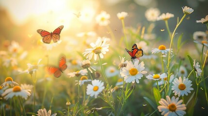 A sunlit meadow bursting with the vibrant colors of daisies and chamomile flowers, alive with the fluttering wings of countless butterflies. - obrazy, fototapety, plakaty