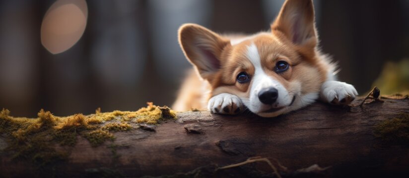 A corgi puppy, a member of the sporting group, is resting on a log in the woods. This carnivorous terrestrial companion dog has whiskers and a tail