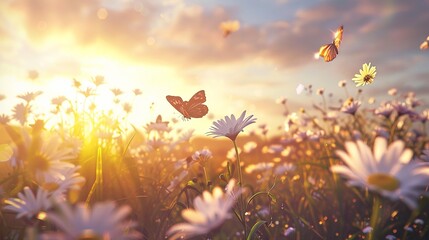 A sunlit vista of daisies stretching to the horizon, their petals swaying gently in the breeze while butterflies dance and flutter in the warm summer air.