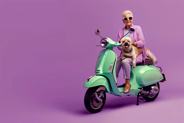 Fototapeta na wymiar The grandmother, wearing glasses and a purple sweater, pants, and shoes, rides a green Vespa. In her lap, she carries a small dog on the motorcycle, with a purple background