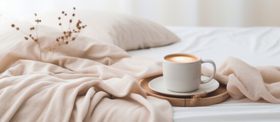 Fototapeta na wymiar A coffee cup rests on a wooden tray placed on a bed, surrounded by cozy linens, creating a warm and inviting atmosphere