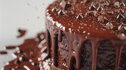 A tantalizing sight of chocolate dripping from a cake's edge, captured in stunning detail against a...