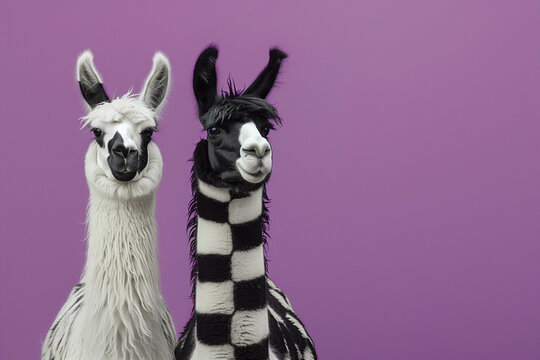Two llamas, one is white, the other is black and white, with a purple background