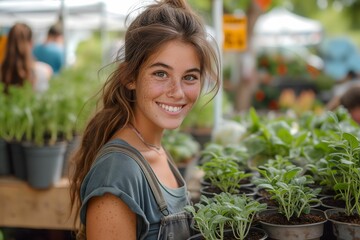 A cheerful young gardener woman with a sunny smile poses among potted plants, highlighting the community bond and joy in urban gardening