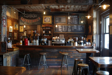 A coffee shop with a wooden bar and stools - obrazy, fototapety, plakaty