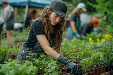 Focused Young Woman Tending Plants in Sustainable Community Garden. A focused young woman wearing a cap tends to young plants in a community garden, exemplifying urban sustainability and green living
