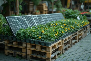 Solar panels stand amid vibrant yellow-fruited plants at an urban eco-fair, representing a synergy of technology and horticulture.