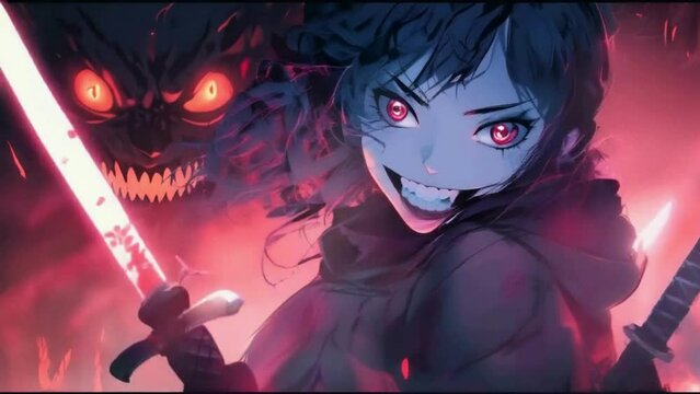A sinister girl in the anime style smiles maliciously with fanged white teeth, her huge eyes glow in the dark, she has two katanas behind her back, on a blood background clean looped. 2d animated
