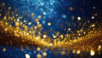 Abstract dark blue and gold background with Christmas golden light shine particles