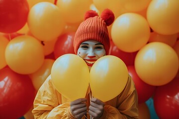 A person in a clown makeup, beanie, and vibrant attire holds yellow balloons, surrounded by a sea of balloons for a celebratory mood