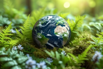 Our planet, depicted as a stunningly detailed globe, nestles among vibrant ferns and foliage, symbolizing Earth Day's message of harmony with nature.