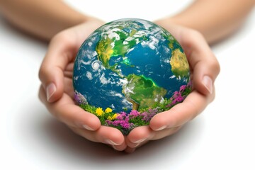 Hands gently holding a vibrant Earth embellished with flowers, representing care and responsibility for environmental conservation