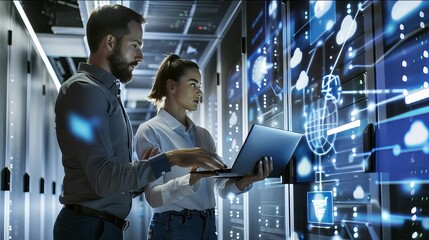 Two researchers are working with their laptops to test the latest hologram technology. Amazing hologram technology.