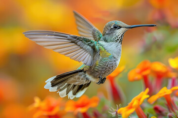 Naklejka premium Close up of hummingbird in flight, colorful background with flowers, national geographic photography. Created with Ai