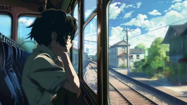 anime style a young man looking through train windows in japan town. Anime 4k animation video.