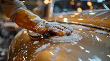 Professional auto detailer hand holding rotary polisher while polishing paint surface of shiny white car.