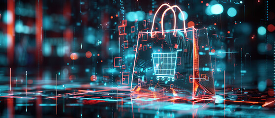Obraz premium technology, digital shopping bag, virtual shopping bag, virtual wallet, with bright background, empty copy space
