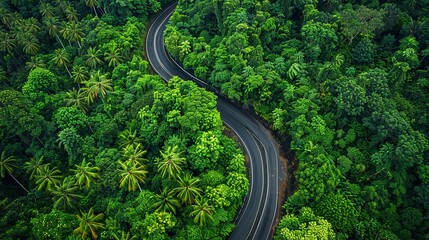 An exquisite top-down photograph capturing the serpentine route of a road surrounded by a dense green canopy of trees in the rainy season. - Powered by Adobe
