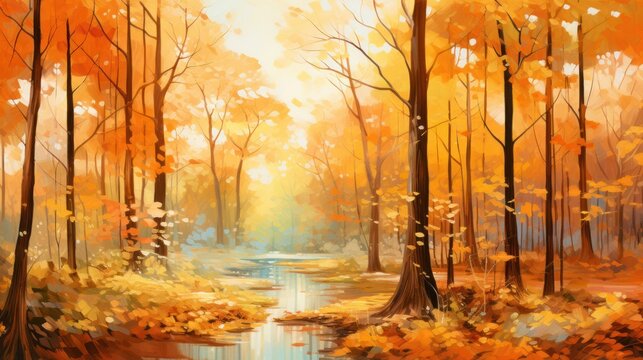 Scenic watercolor painting of an enchanting woodland in the heart of the fall season.