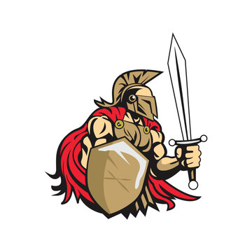 Cartoon image of a spartan carrying a sword and shield